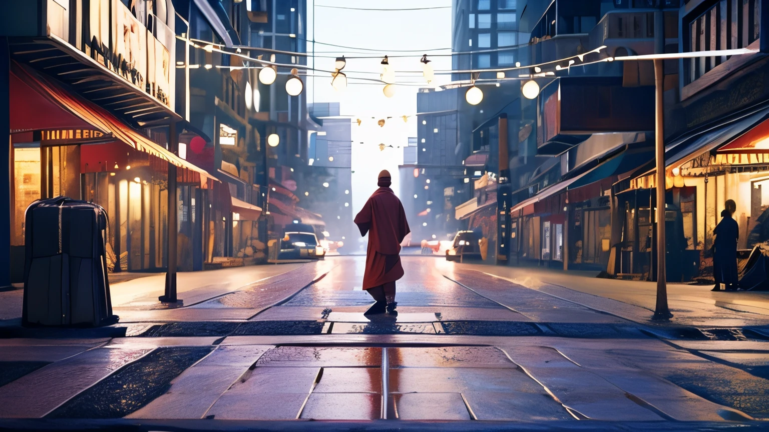 Namaste, Person meditating on a busy street. Loose Clothes. Landscape street of a big city. cinematic lighting.