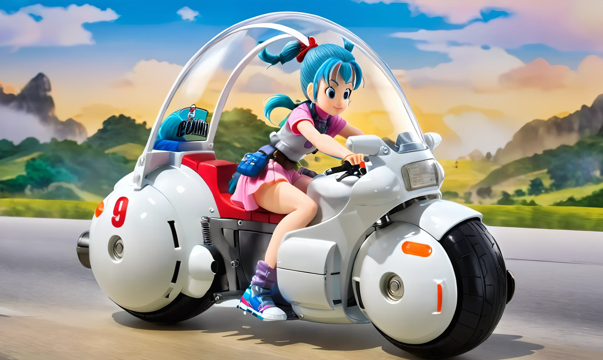 cartoon of woman riding large round motorcycle with a windshield,   best quality, highly detailed, bokeh, blue hair, cool sneakers,  beautiful landscape, cinematic lighting, photorealistic, cap9motosdxl, anime, bulma, vibrant colors,