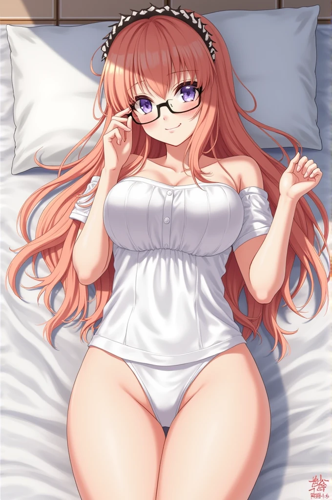 (Highest quality,4K,8k,High resolution,masterpiece:1.4),Super detailed,Detailed aspect:1.3,Wear glasses,Perfect body,Big Breasts,fashion,summer,Sleeping in bed,Anime Style