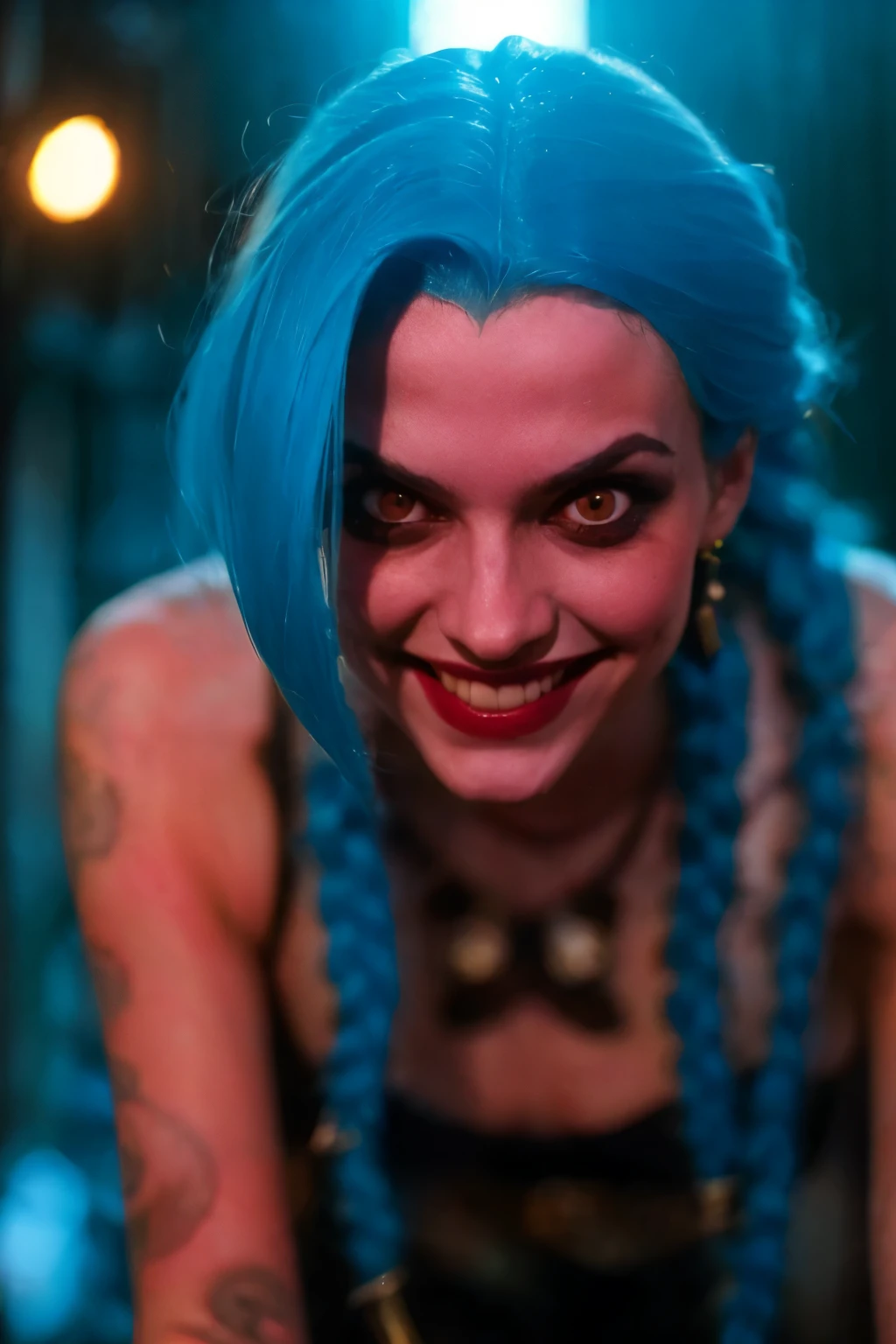 Close-up face. Hyper realistic super detailed Jinx cosplay , ((Young girl, 15 years old)), Very detailed, (hyper realistic: 1.4), in dynamic pose, (((psycho face, creppy smiling))), twin braids, long hair, blue hair, red eyes, tattooed, ((skinny Body)), ((angry face)), arcane style. ((Cinematic Explosion background,  cinematic lighting)).