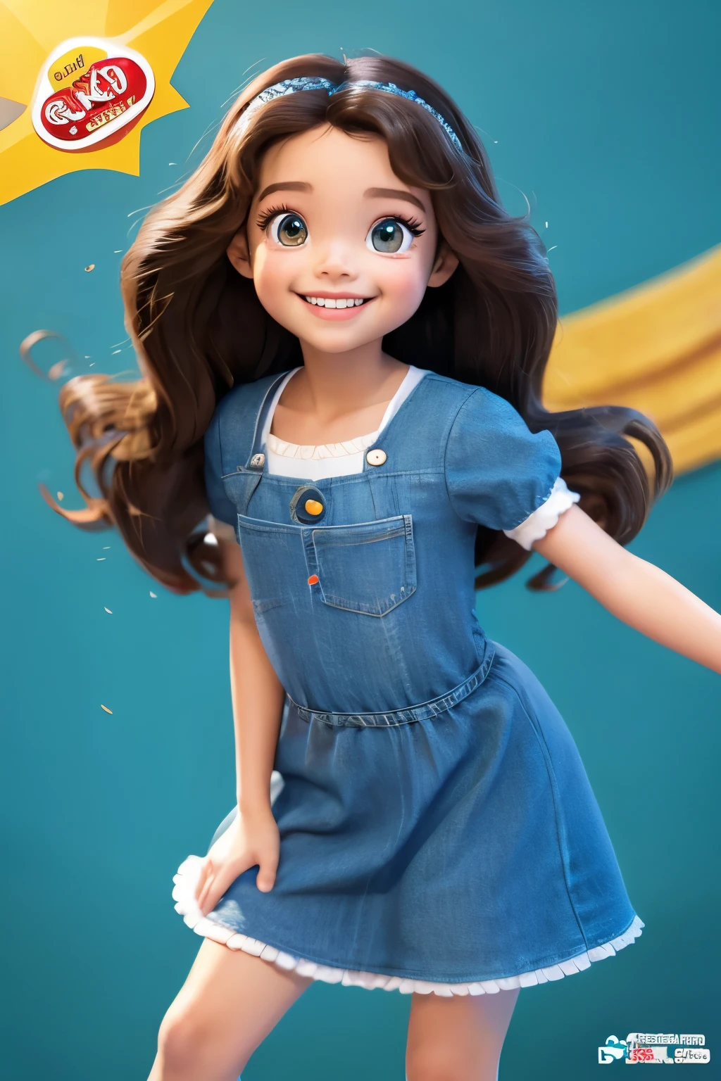 Create a 3D poster in the style of Disney PIXAR. 5  Latin girl, sweet, brown skin, long curly black hair, full body, blue veatido Disney princess style, brown eyes and smiles, ((all this in the Disney PIXAR 3D style, on white background, hyper-realistic details, warm color in the Disney PIXAR 3D style
