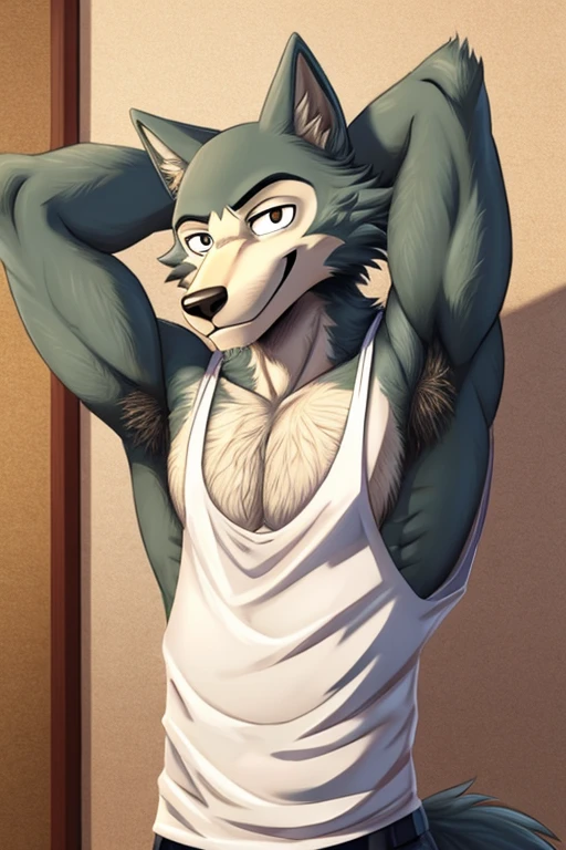 Male, wolf, legoshi, beastars, smile expression, masculine, raised arm, showing armpit, hairy armpit, Japanese, white sleeveless shirt, clsssroom