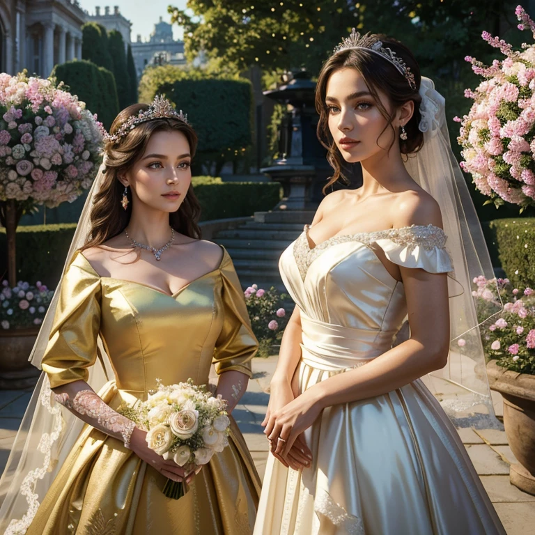 (masterpiece, best quality:1.5), highest quality, High resolution, super detailed, Realists, Upper body photo of a woman, detailed and beautiful eyes, beautiful detailed lips, very detailed eyes and face, longeyelashes, Mother of the bride in a dress made of shiny satin fabric, Beautiful and colorful makeup, elegant and noble々Pose,shiny satin headband, grind, Holding flowers, Gardens as background, soft daylight, bright colors, fine brushstrokes, Portrait style, Noble details in the dress fabric, beautiful color palette, glowing skin, First-class rendering, that captures every detail, enchanting atmosphere, subtle shadows and lights, (perfect anatomy:1.2), (The stunning three women in dresses watch the wedding (magnificent panorama view:1.2)