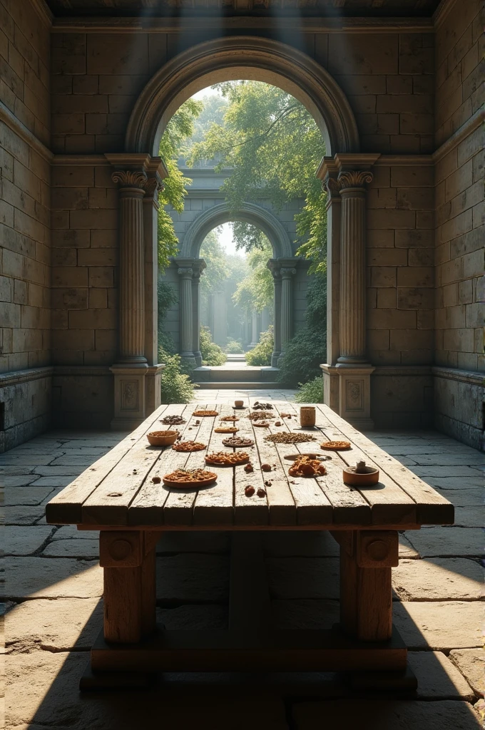 style de séance photo, (fond d&#39;écran CG 8k extrêmement détaillé), au centre de la pièce une large et longue table en bois avec des restes de nourriture, Une salle ancienne et large, avec des murs en pierre et peu hauts, sans plafond, au fond de la pièce se trouvent des arcs romains en pierre en ruine ouverts sur un jardin  