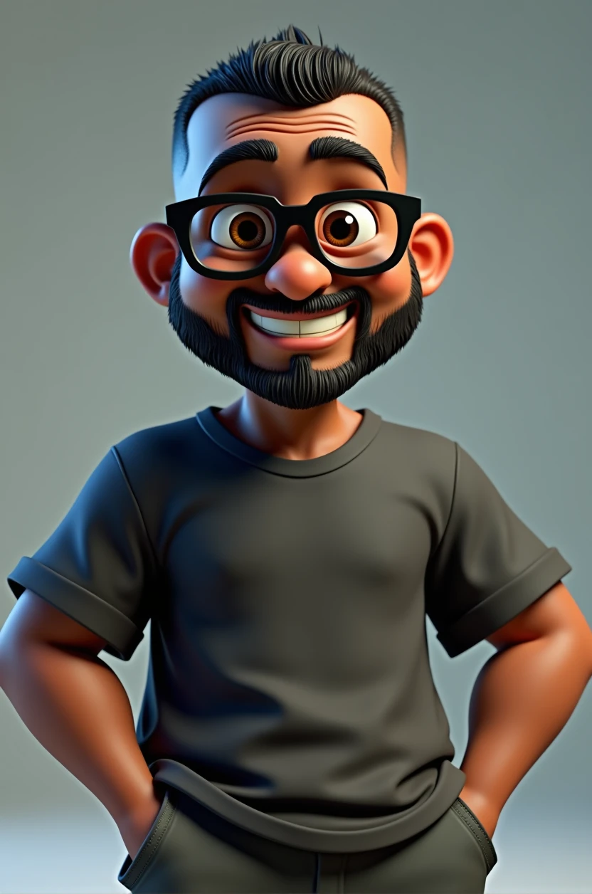 Cartoon character of a middle-aged black man with very short hair pinned behind, wearing black glasses. Stylized character, animation style rendering, 3D stylized, Arnold Maya render, 3D stylized render, toon render Keyshot, 3D character, 3D stylized rendering, cartoon character, character close-up, character pose, Pixar style, high quality, cinematic lighting, sharp focus, detailed texture, detailed skin, clay, bokeh, 8K. The man should have the following characteristics: Middle-aged man with a broad build but not muscular, hands casually relaxed. His skin tone is dark brown with a warm undertone. He has two prominent horizontal wrinkles on the glabella, between his eyebrows, with no horizontal wrinkles on his forehead. His beard is very short, trimmed, and sparse, with more white hairs on the chin and the rest being dark gray. His hair is extremely short on top, styled back, and shaved on the sides. He wears modern black glasses. His eyebrows are thick and well-defined, and his eyes are brown, conveying warmth and friendliness. The man is dressed in an oversized black t-shirt and dark gray pants without a belt. Incorporate the following ancestry characteristics: 43% European (17% Iberian and 17% Western European, including Germany, France, and the Netherlands), 4% Sephardic Jewish, 3% Fennoscandian, less than 2% Balkan and Lapland and Volga-Ural, 41% from the Americas, 9% from the Middle East and Maghreb, and 7% from Africa