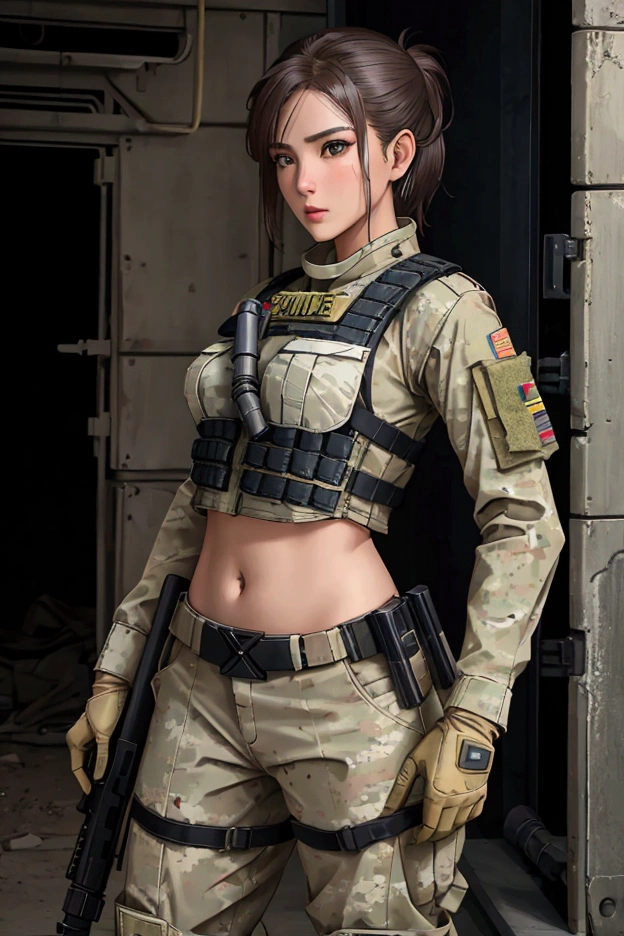 a woman in a white outfit holding a rifle and wearing headphones, 24-year-old woman, korean woman, white skin, soldier girl, mechanized soldier girl, military girl, beautiful female soldier, female lead character, infantry girl, of a sniper girl in war, solo female character, future combat gear, close up half body shot, Women in crop top military bulletproof vest, showing navel, beautiful navel, completely exposed abdomen, quiet from metal gear solid v, wearing tactical gear, dressed in tactical armor, (aiming rifle)