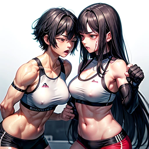 punch, punch, punch. survival dynamic exciting battle in the octagon ring whole body picture. two bloody beautiful Japanese female fighters are looking at each eyes. they are beating each other so hard. they are pressing their fists against each other's bodies. They are banging their punches against their opponents. Blood is dripping from their nose. they are covered in scars and bruises. they are damaged terribry. Short-cut black hair, out of breath, drooling from mouth, one eye closed, exhausted, drenched in sweat. Erect nipples. open finger glove. sports-bra, gym shorts. Stockings. arm-covers. Excellent proportion body.