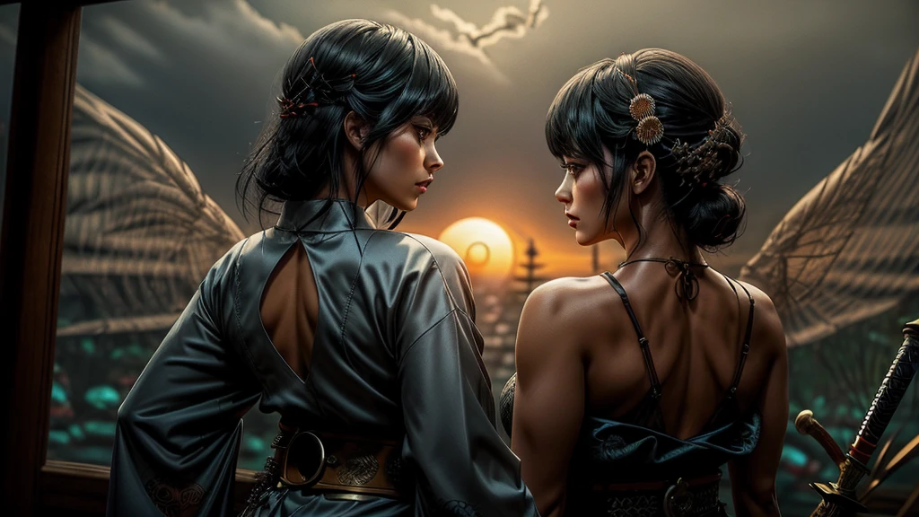 GEISHA- SEXY- LIFTED KIMONO- UPPER BODY- THICK THIGHS- TEMPLE- MEDIEVAL- SWORDS- WARRIOR- SEXY FACE- DETAILED HD- LOW FRAME - BEAUTIFUL- GATER BELT- DETAILED CORCELET- REAR- LOW ANGLE- SUNSET IN BACKGROUND- LACE DETAILED- BIRDS IN THE SKY- STRAIGHT BLACK HAIR WITH BANGS
