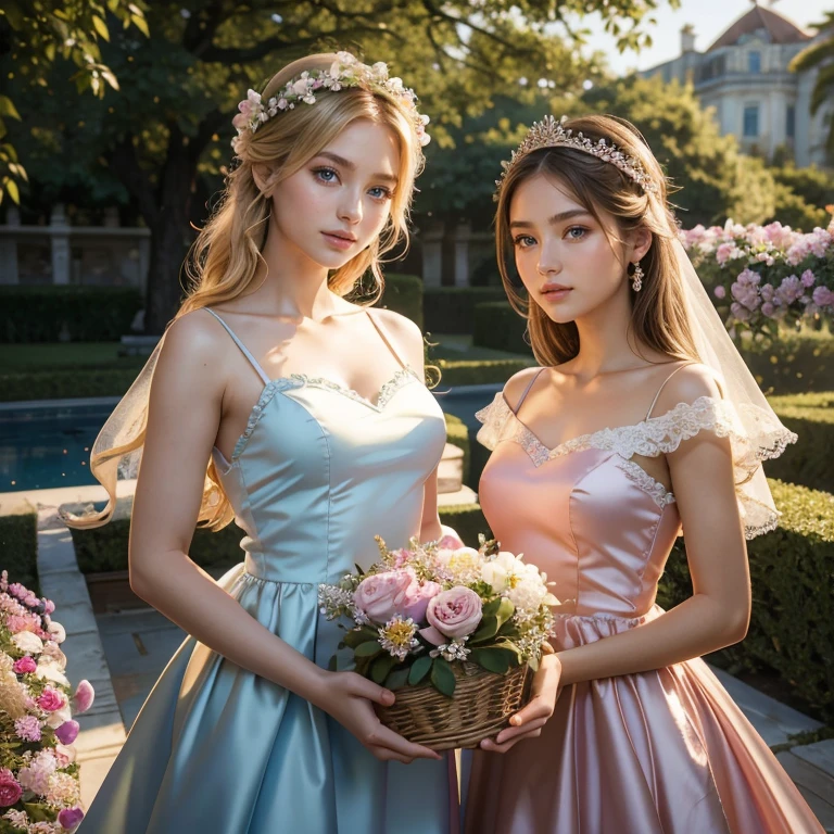 (​masterpiece, best quality:1.5), highest quality, High resolution, super detailed, Realists, Upper body photo of an 18 year old blonde flower girl, detailed and beautiful eyes, beautiful detailed lips, very detailed eyes and face, longeyelashes, 18-year-old woman in a blue and pink short dress made of shiny satin fabric, Beautiful and colorful makeup, elegant and noble々Pose,shiny satin headband, grind, Holding flowers, Gardens as background, soft daylight, bright colors, fine brushstrokes, Portrait style, Noble details in the dress fabric, beautiful color palette, glowing skin, First-class rendering, that captures every detail, enchanting atmosphere, subtle shadows and lights, (perfect ???????:1.2), (The two stunning 18-year-old flower girls carry baskets of silk scarves (magnificent panorama view:1.2)