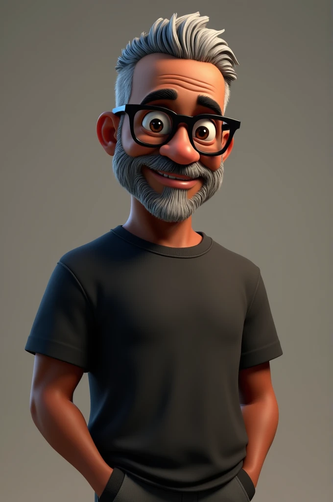 Cartoon character of a middle-aged black man with very short, gray hair pinned behind, wearing black glasses. Stylized character, animation style rendering, 3D stylized, Arnold Maya render, 3D stylized render, toon render Keyshot, 3D character, 3D stylized rendering, cartoon character, character close-up, character pose, Pixar style, high quality, cinematic lighting, sharp focus, detailed texture, detailed skin, clay, bokeh, 8K.
The man should have the following characteristics: Middle-aged man with a broad build but not muscular, hands casually relaxed. His skin tone is dark brown with a warm undertone. He has two prominent horizontal wrinkles on the glabella, between his eyebrows, with no other wrinkles on his forehead. His beard is very short, trimmed, and sparse, with white hairs predominantly on the chin and the rest being dark gray. His hair is extremely short on top, styled back, and shaved on the sides, and is gray in color. He wears modern black glasses. His eyebrows are thick and well-defined, and his eyes are brown, conveying warmth and friendliness. The man is dressed in an oversized black t-shirt and dark gray pants without a belt.
Incorporate the following ancestry characteristics: 43% European (17% Iberian and 17% Western European, including Germany, France, and the Netherlands), 4% Sephardic Jewish, 3% Fennoscandian, less than 2% Balkan and Lapland and Volga-Ural, 41% from the Americas, 9% from the Middle East and Maghreb, and 7% from Africa.