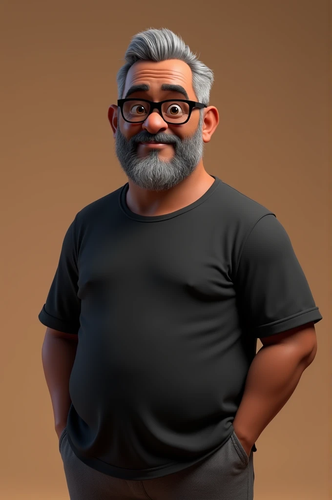 Cartoon character of a middle-aged black man with very short, gray hair pinned behind, wearing black glasses. Stylized character, animation style rendering, 3D stylized, Arnold Maya render, 3D stylized render, toon render Keyshot, 3D character, 3D stylized rendering, cartoon character, character close-up, character pose, Pixar style, high quality, cinematic lighting, sharp focus, detailed texture, detailed skin, clay, bokeh, 8K.

The man should have the following characteristics: Middle-aged man with a broad build but not muscular, hands casually relaxed. His skin tone is dark brown with a warm undertone. He has two prominent horizontal wrinkles on the glabella, between his eyebrows, with no other wrinkles on his forehead. His beard is very short, trimmed, and sparse, with white hairs predominantly on the chin and the rest being dark gray. His hair is extremely short on top, styled back, and shaved on the sides, and is gray in color. He wears modern black glasses. His eyebrows are thick and well-defined, and his eyes are brown, conveying warmth and friendliness. The man is dressed in an oversized black t-shirt and dark gray pants without a belt.

Incorporate the following ancestry characteristics: 43% European (17% Iberian and 17% Western European, including Germany, France, and the Netherlands), 4% Sephardic Jewish, 3% Fennoscandian, less than 2% Balkan and Lapland and Volga-Ural, 41% from the Americas, 9% from the Middle East and Maghreb, and 7% from Africa.