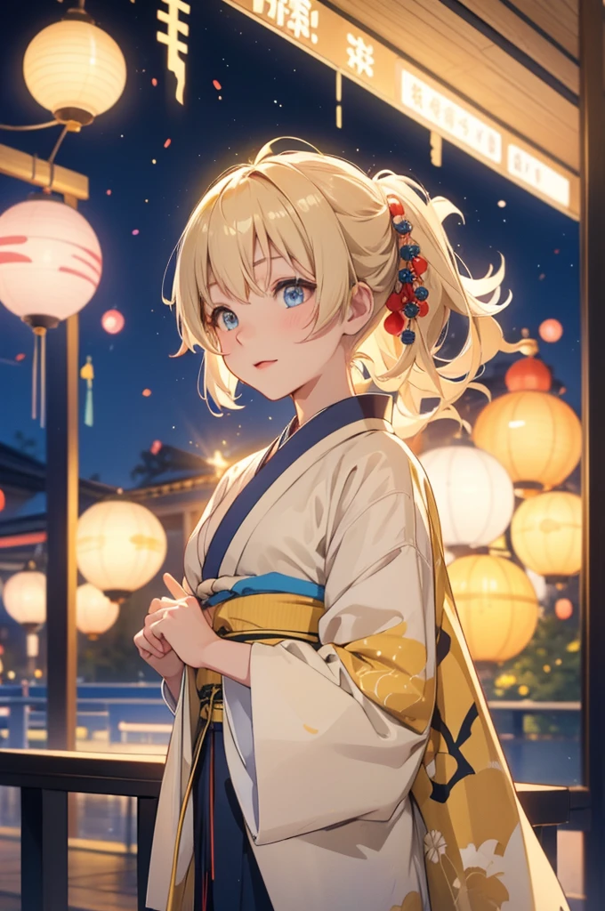 Takanashi hoshino kimono firework night beige colored hair, tailed haired, yellow blue eyes colour