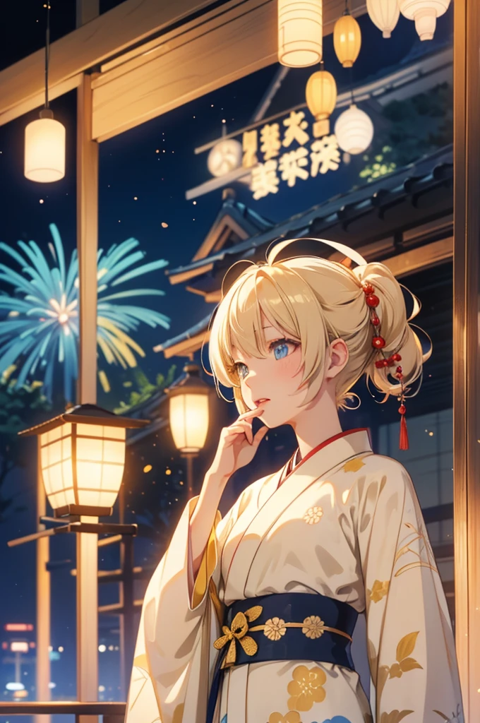 Takanashi hoshino kimono firework night beige colored hair, tailed haired, yellow blue eyes colour