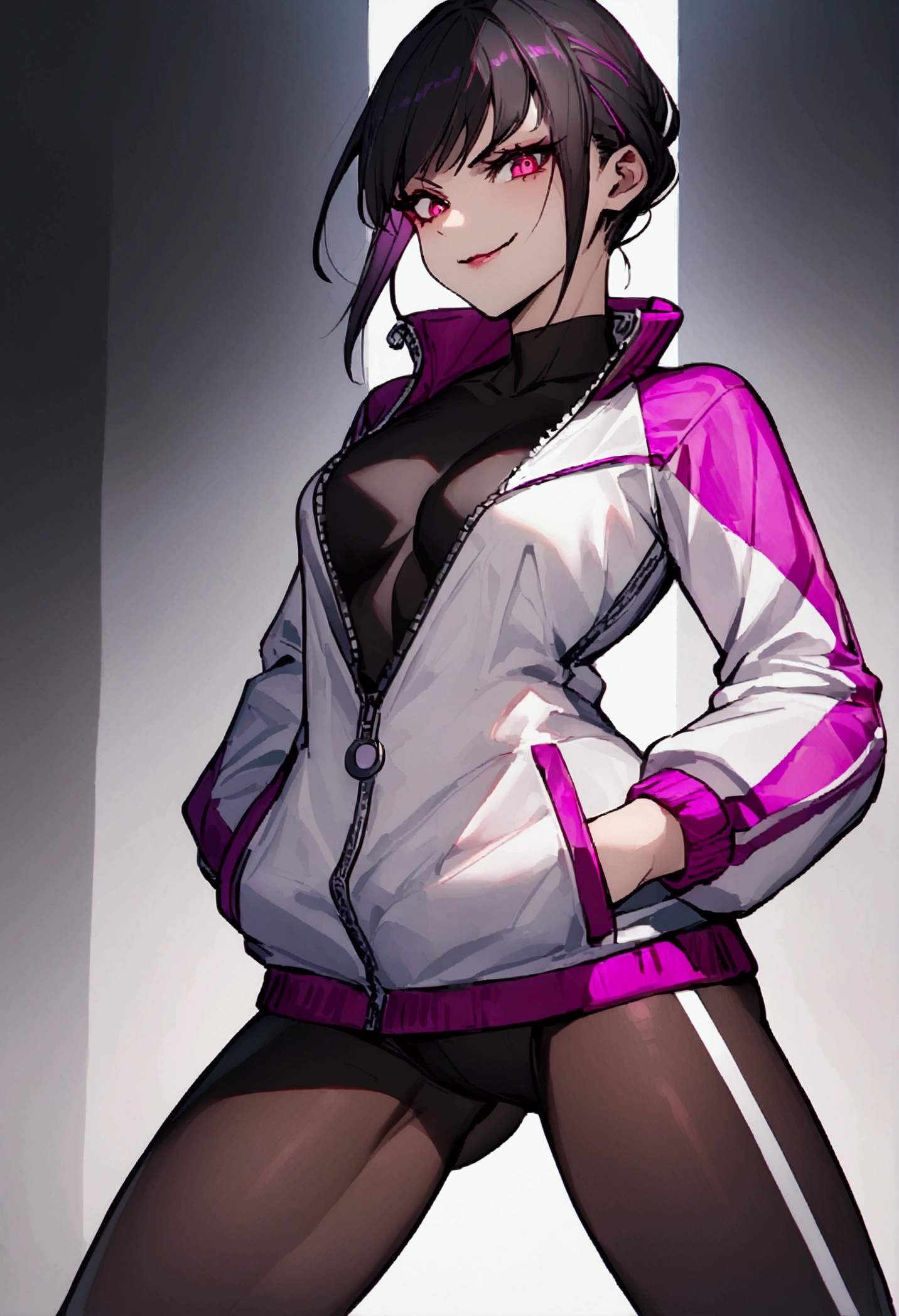 beautiful young fitness woman with , in a gym wearing May with black pantyhose, tight white and purple gym jacket. standing alone,red eyes glowing,Evil smile,legging preto ,labiaa,dark eye shadow,shining eyes,hands in pockets,neckleace,jacket zipper half open,Tight black shirt,short hair with purple details,beautiful curves,close up,hair with purple details,labiaa,detailed face and eyes,work of art
