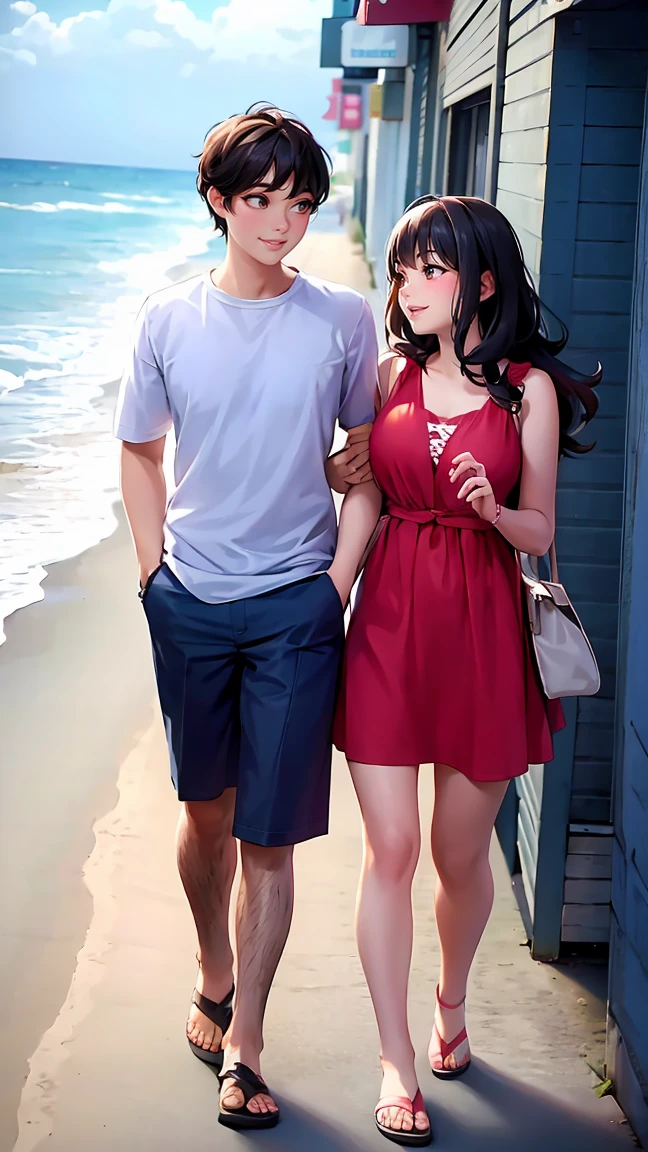 A couple walking into near by ocean beach and they talk to few romantic speech