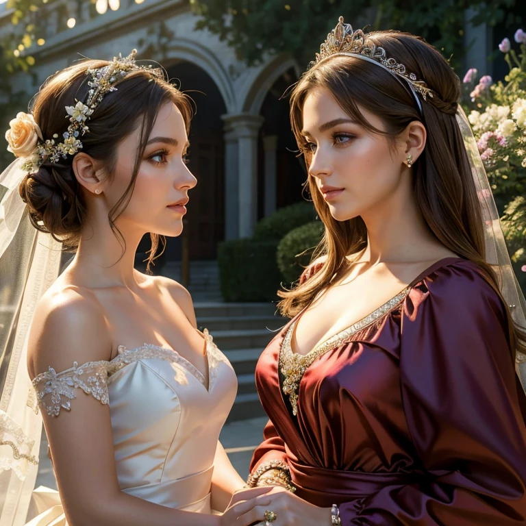 (masterpiece, best quality:1.5), highest quality, High resolution, super detailed, Realists, Upper body photo of a woman, detailed and beautiful eyes, beautiful detailed lips, very detailed eyes and face, longeyelashes, Mother of the bride in a dress made of shiny satin fabric, Beautiful and colorful makeup, elegant and noble々Pose,shiny satin headband, grind, Holding flowers, Gardens as background, soft daylight, bright colors, fine brushstrokes, Portrait style, Noble details in the dress fabric, beautiful color palette, glowing skin, First-class rendering, that captures every detail, enchanting atmosphere, subtle shadows and lights, (perfect anatomy:1.2), (The stunning wedding guests in dresses watch the wedding (magnificent panorama view:1.2)