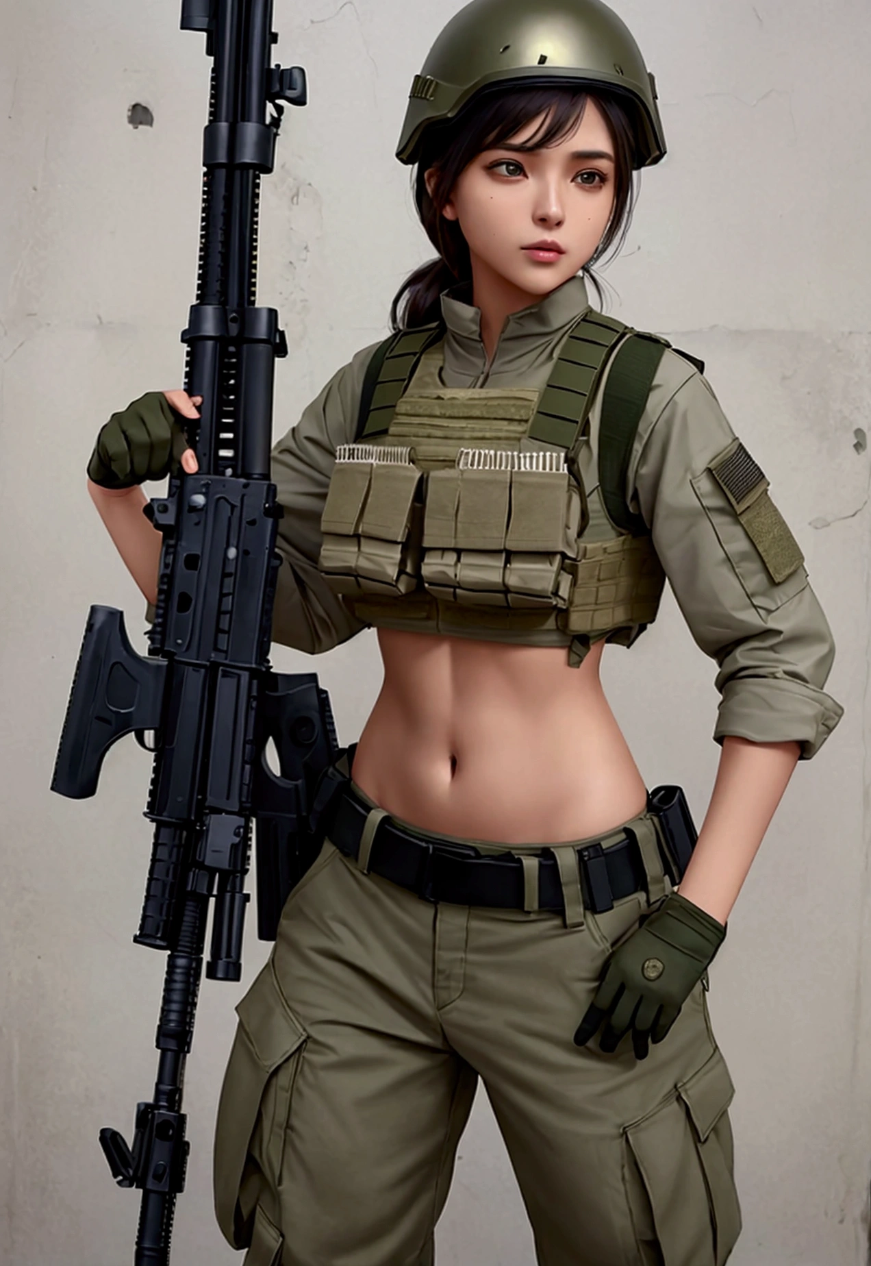 Women in crop top military bulletproof vest , military green cargo pants, belt, military helmet, tactical, (open navel), ((holding assault rifle))