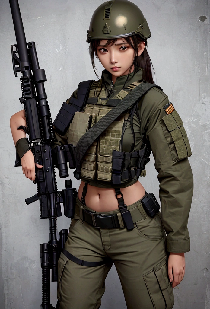 Women in crop top military bulletproof vest , military green cargo pants, belt, military helmet, tactical, (open navel), ((holding assault rifle))