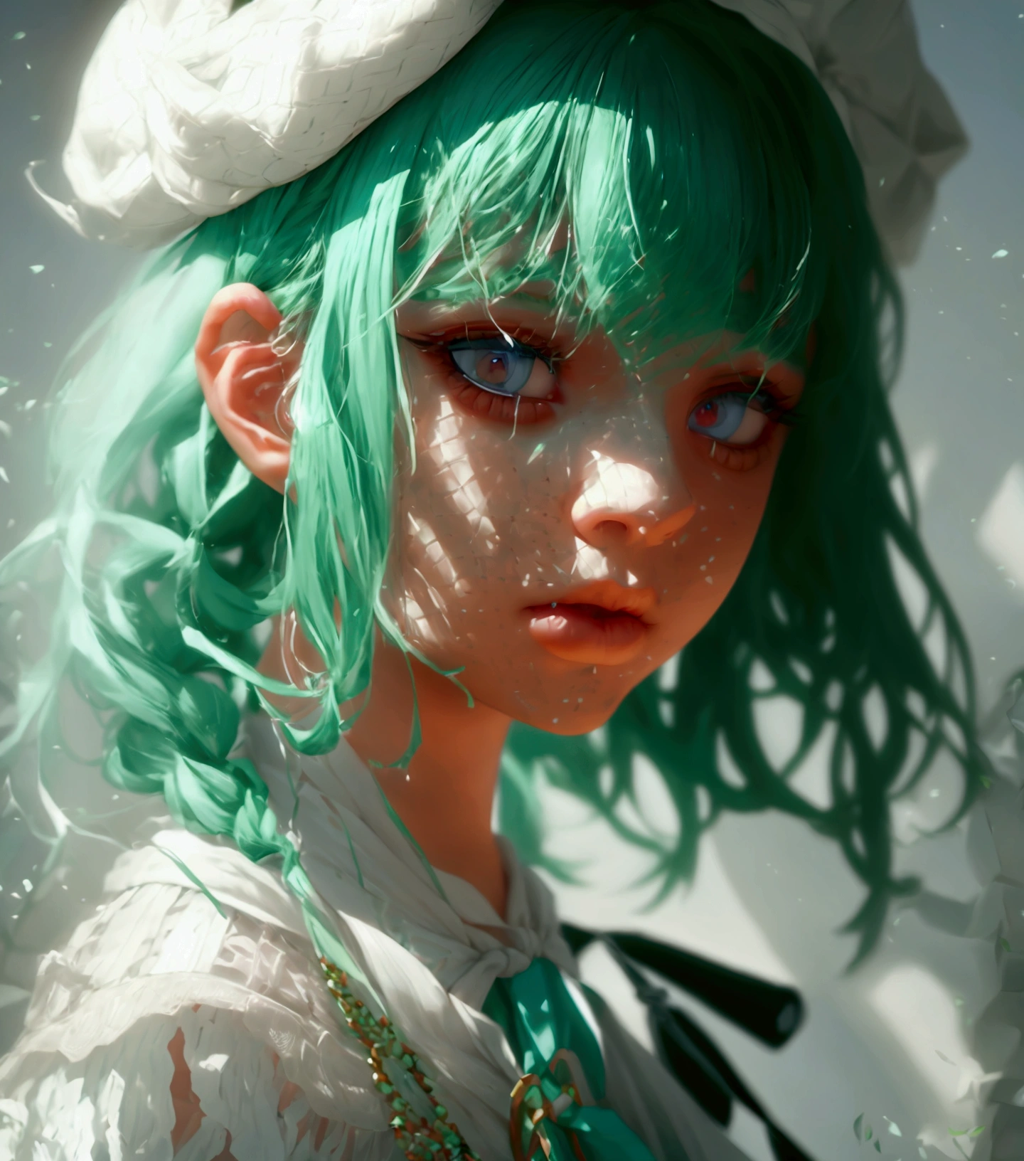 1girl, beautiful detailed eyes, beautiful detailed lips, extremely detailed eyes and face, longeyelashes, mint green hair, twin_braid, white beret, white shirt, flower necktie, (bags under eyes:1.5), (best quality,4k,8k,highres,masterpiece:1.2),ultra-detailed,(realistic,photorealistic,photo-realistic:1.37),studio lighting,vivid colors,portrait