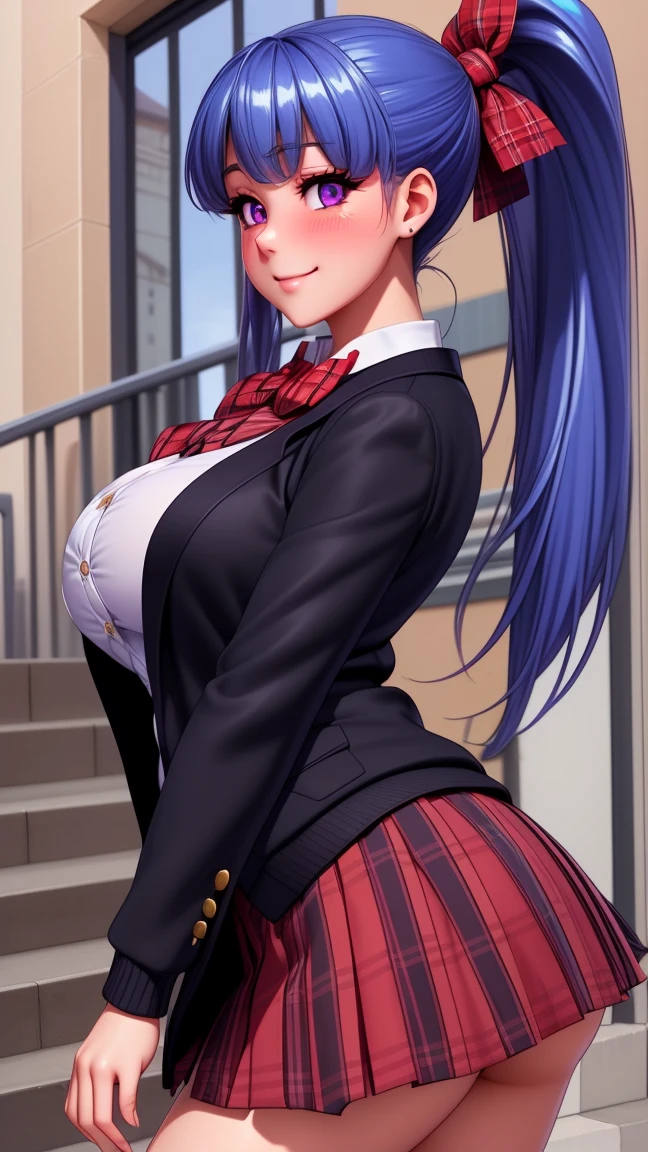 ((mesa, Best Quality, High resolution, NffSW, pixel perfect, 4k, NffSW, NffSW))), 1 girl in, single, Alone, beauty、full body seen、 ((Long shiny straight hair, hits, For the blue, with a ponytail and a red ribbon in her hair)), ((with purple eyes, Beautiful eyelashes, realistic eyes)), ((detailed face, blush:1.2)), ((Smooth texture:0.75, realistic texture:0.65, photorealistic:1.1, cg anime style)), big breasts, dynamic angle, perfect body, ((red bow tie, School uniform, black jacket, open jacket, brown cardigan, White shirt, black skirt, plaid skirts)), city staircase、Looking up from the bottom of the stairs.、Very embarrassing panic smile., turned around、bending forward、Touch the buttocks with both hands、round butt tits, perfect curves.