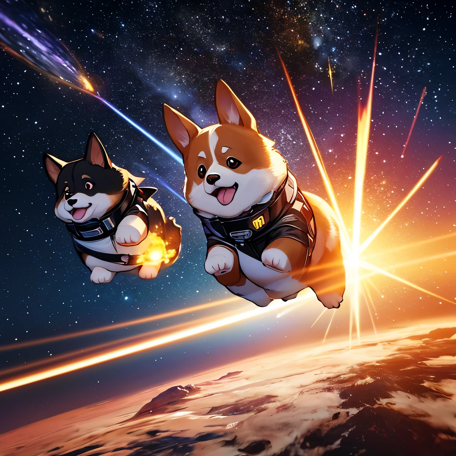 corgi,heroic corgi,corgi in outer space,corgi in front of galaxy,corgi in front of black hole,dynamic corgi,flying corgi,highly detailed,8k,professional3d render,cinematic lighting,dramatic atmosphere,vibrant colors,warm colors