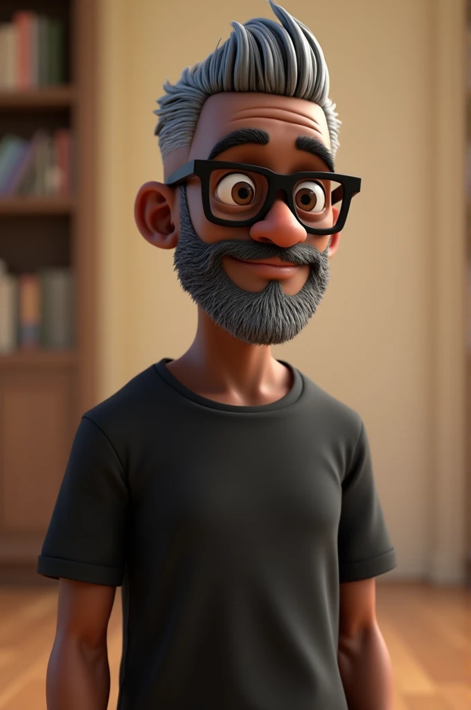 Cartoon character of a middle-aged black man with very short, gray hair pinned behind, wearing black glasses. Stylized character, animation style rendering, 3D stylized, Arnold Maya render, 3D stylized render, toon render Keyshot, 3D character, 3D stylized rendering, cartoon character, character close-up, character pose, Pixar style, high quality, cinematic lighting, sharp focus, detailed texture, detailed skin, clay, bokeh, 8K.
The man should have the following characteristics: Middle-aged man with a broad build but not muscular, hands casually relaxed. His skin tone is dark brown with a warm undertone. He has two prominent horizontal wrinkles on the glabella, between his eyebrows, with no other wrinkles on his forehead. His beard is very short, trimmed, and sparse, with white hairs predominantly on the chin and the rest being dark gray. His hair is extremely short on top, styled back, and shaved on the sides, and is gray in color. He wears modern black glasses. His eyebrows are thick and well-defined, and his eyes are brown, conveying warmth and friendliness. The man is dressed in an oversized black t-shirt and dark gray pants without a belt.
Incorporate the following ancestry characteristics: 43% European (17% Iberian and 17% Western European, including Germany, France, and the Netherlands), 4% Sephardic Jewish, 3% Fennoscandian, less than 2% Balkan and Lapland and Volga-Ural, 41% from the Americas, 9% from the Middle East and Maghreb, and 7% from Africa.