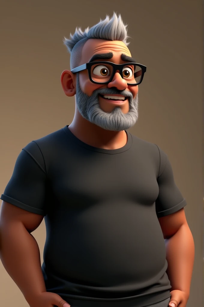 Cartoon character of a middle-aged black man with very short, gray hair pinned behind, wearing black glasses. Stylized character, animation style rendering, 3D stylized, Arnold Maya render, 3D stylized render, toon render Keyshot, 3D character, 3D stylized rendering, cartoon character, character close-up, character pose, Pixar style, high quality, cinematic lighting, sharp focus, detailed texture, detailed skin, clay, bokeh, 8K.

The man should have the following characteristics: Middle-aged man with a broad build but not muscular, hands casually relaxed. His skin tone is dark brown with a warm undertone. He has two prominent horizontal wrinkles on the glabella, between his eyebrows, with no other wrinkles on his forehead. His beard is very short, trimmed, and sparse, with white hairs predominantly on the chin and the rest being dark gray. His hair is extremely short on top, styled back, and shaved on the sides, and is gray in color. He wears modern black glasses. His eyebrows are thick and well-defined, and his eyes are brown, conveying warmth and friendliness. The man is dressed in an oversized black t-shirt and dark gray pants without a belt.

Incorporate the following ancestry characteristics: 43% European (17% Iberian and 17% Western European, including Germany, France, and the Netherlands), 4% Sephardic Jewish, 3% Fennoscandian, less than 2% Balkan and Lapland and Volga-Ural, 41% from the Americas, 9% from the Middle East and Maghreb, and 7% from Africa.