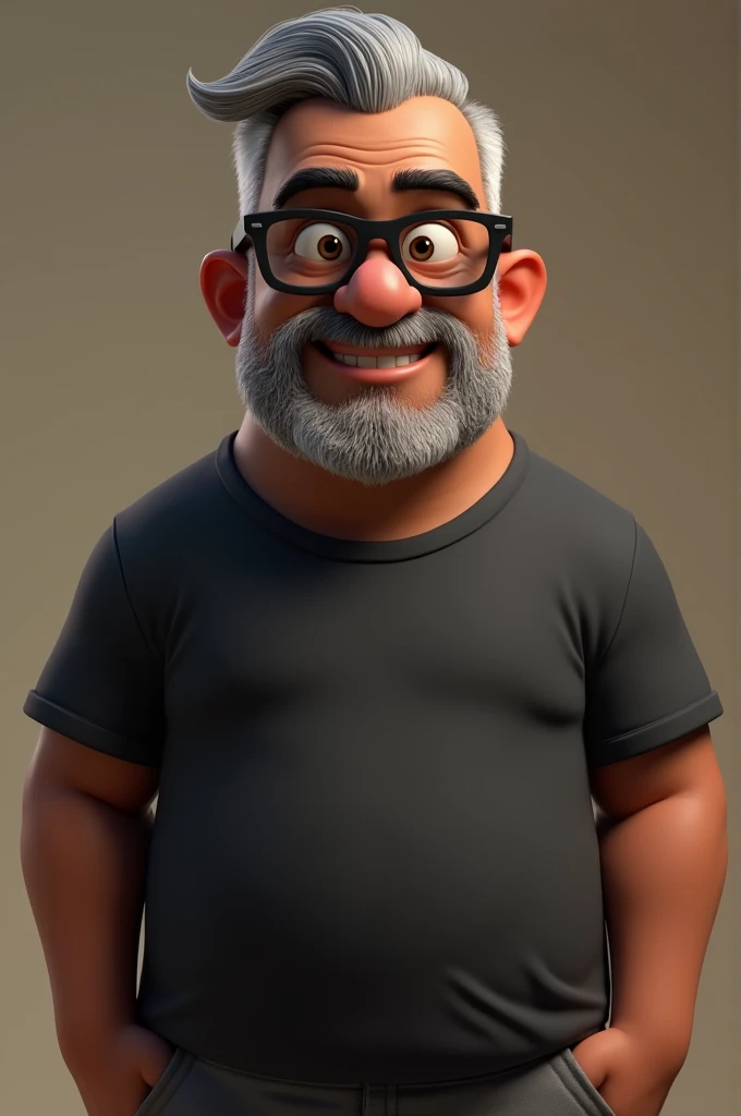 Cartoon character of a middle-aged black man with very short, gray hair pinned behind, wearing black glasses. Stylized character, animation style rendering, 3D stylized, Arnold Maya render, 3D stylized render, toon render Keyshot, 3D character, 3D stylized rendering, cartoon character, character close-up, character pose, Pixar style, high quality, cinematic lighting, sharp focus, detailed texture, detailed skin, clay, bokeh, 8K.
The man should have the following characteristics: Middle-aged man with a broad build but not muscular, hands casually relaxed. His skin tone is dark brown with a warm undertone. He has two prominent horizontal wrinkles on the glabella, between his eyebrows, with no other wrinkles on his forehead. His beard is very short, trimmed, and sparse, with white hairs predominantly on the chin and the rest being dark gray. His hair is extremely short on top, styled back, and shaved on the sides, and is gray in color. He wears modern black glasses. His eyebrows are thick and well-defined, and his eyes are brown, conveying warmth and friendliness. The man is dressed in an oversized black t-shirt and dark gray pants without a belt.
Incorporate the following ancestry characteristics: 43% European (17% Iberian and 17% Western European, including Germany, France, and the Netherlands), 4% Sephardic Jewish, 3% Fennoscandian, less than 2% Balkan and Lapland and Volga-Ural, 41% from the Americas, 9% from the Middle East and Maghreb, and 7% from Africa.