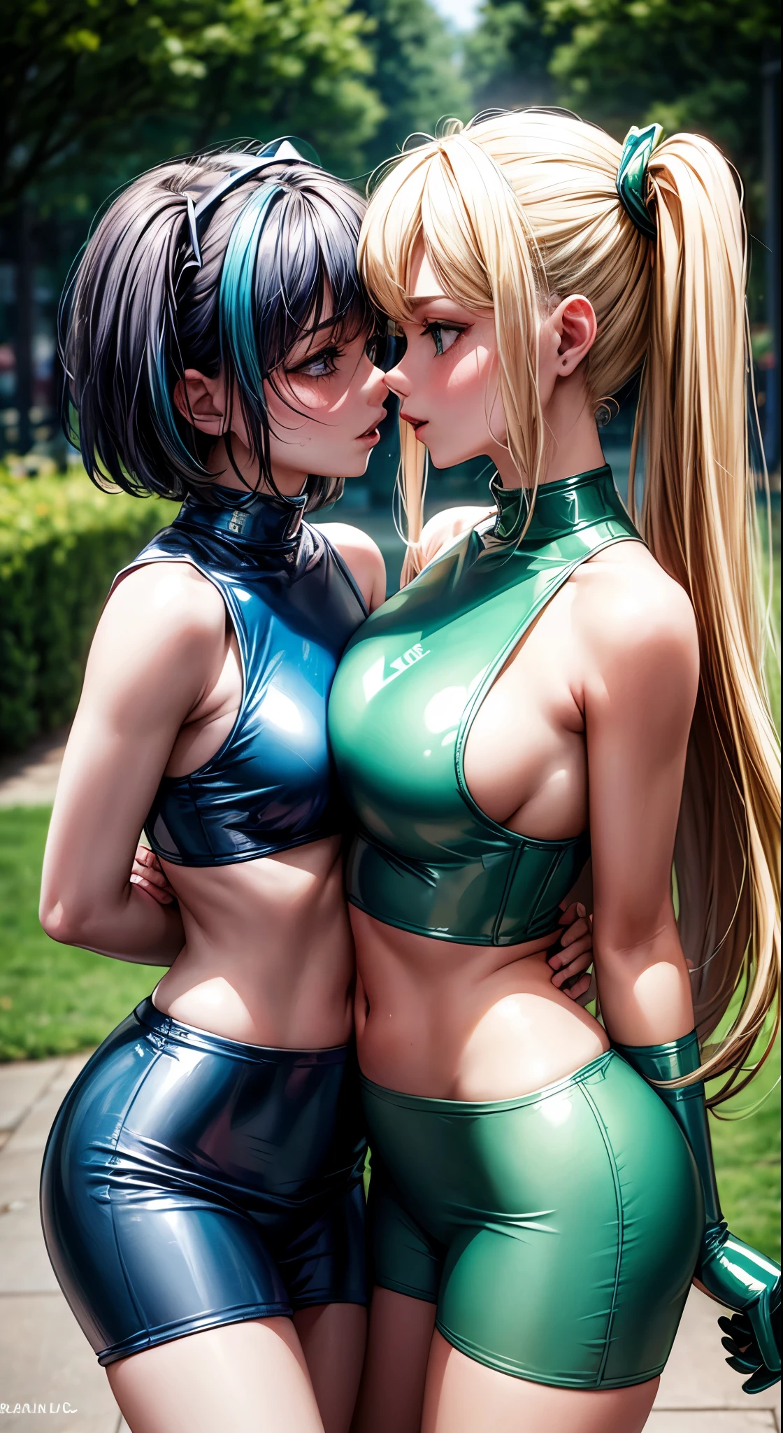Two hot girls kissing, hot weather, Blonde girl wearing a blue crop top and green latex petticoat , Another wears a latex crop top
