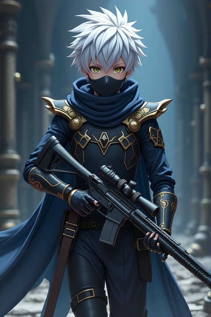 (masterpiece) In the virtual world of Sword Art Online GBO, a dynamic and epic scene unfolds as a boy with artfully styled white hair and a mysterious mask covering his face confidently strides through a dark dungeon. His attire consists of intricately designed armor clothing that accentuates his powerful presence. In his hands, he wields a sleek sniper rifle, ready to take on any challenge that awaits.