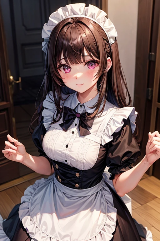 One girl,Brown Hair,Long black maid outfit,Fluffy bangs,Pink Eyes