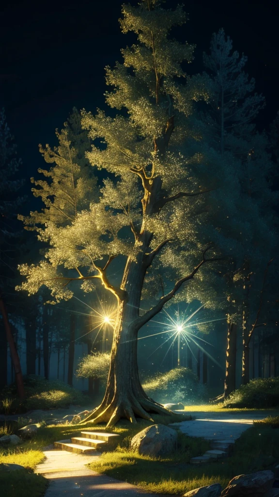 masterpiece, Light, glass tree forest, 戲劇性的燈Light, cover eyes, Super detailed, floating glow Lights, Depth of Field, (shining dust)