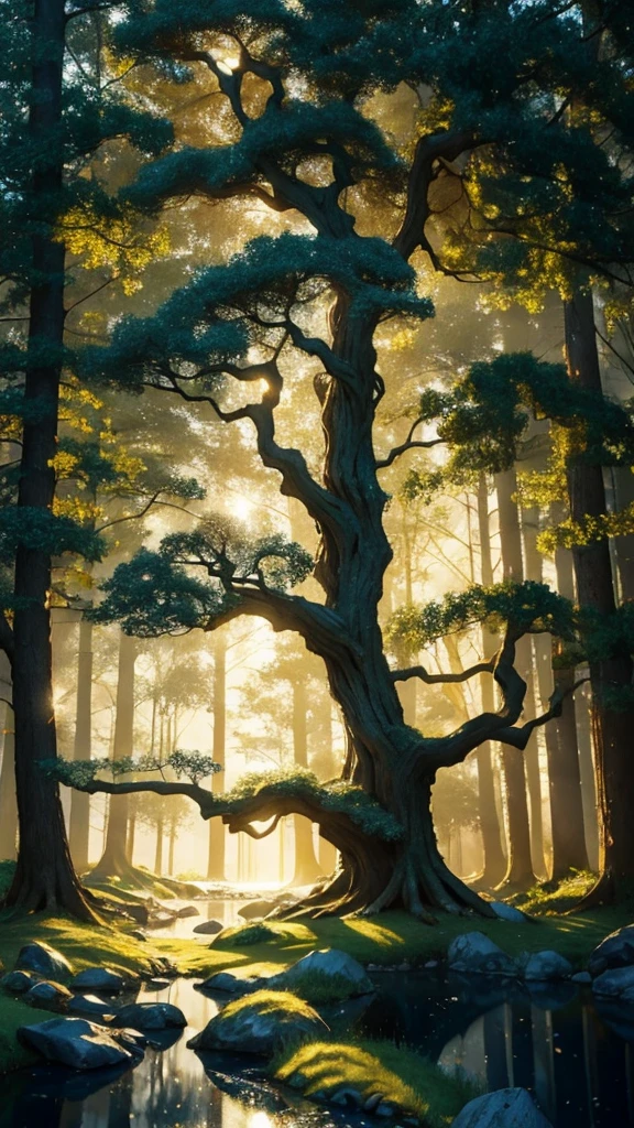 masterpiece, Light, glass tree forest, 戲劇性的燈Light,  cover eyes, Super detailed, floating glow Lights, Depth of Field, (shining dust)