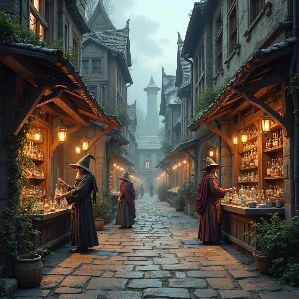 Medieval fantasy street with magic and magical potion shops. Every shop has an ornate merchant, one is pot-bellied, the other is skinny