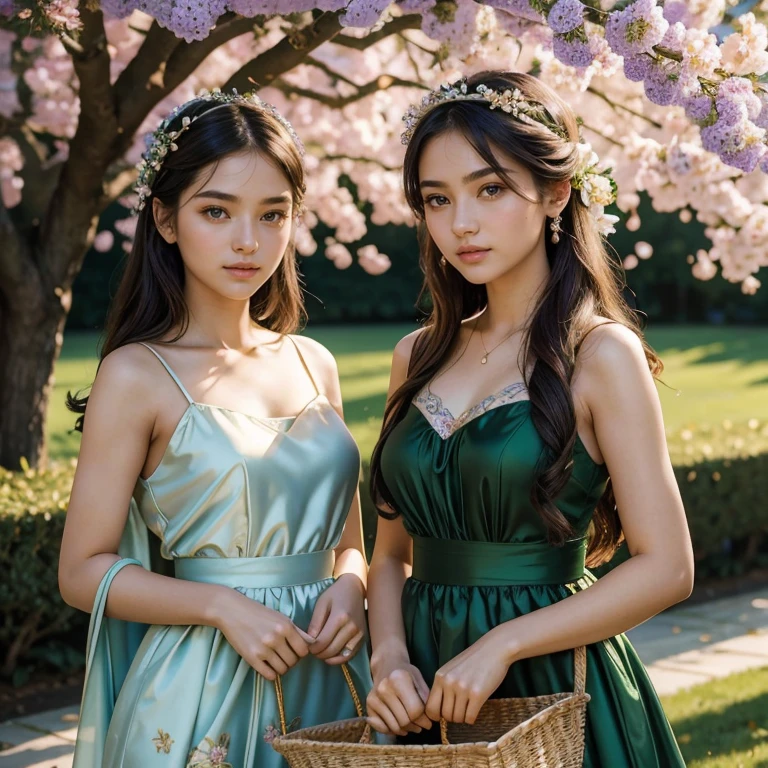 (masterpiece, best quality:1.5), highest quality, High resolution, super detailed, Realists, Upper body photo of an 18 year old black haired flower girl, detailed and beautiful eyes, beautiful detailed lips, very detailed eyes and face, longeyelashes, 18-year-old woman in a green and purple short dress made of shiny satin fabric, Beautiful and colorful makeup, elegant and noble々Pose,shiny satin headband, grind, Holding flowers, Gardens as background, soft daylight, bright colors, fine brushstrokes, Portrait style, Noble details in the dress fabric, beautiful color palette, glowing skin, First-class rendering, that captures every detail, enchanting atmosphere, subtle shadows and lights, (perfect anatomy:1.2), (The two stunning 18-year-old flower girls carry baskets of silk scarves (magnificent panorama view:1.2)