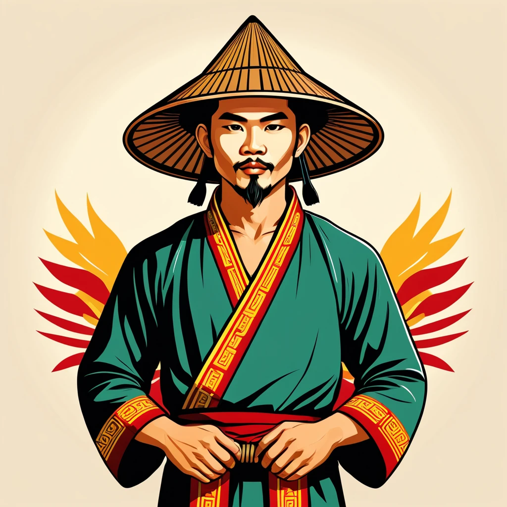 man in vietnam folk outfit, vector graphics, strong contours, logo design
