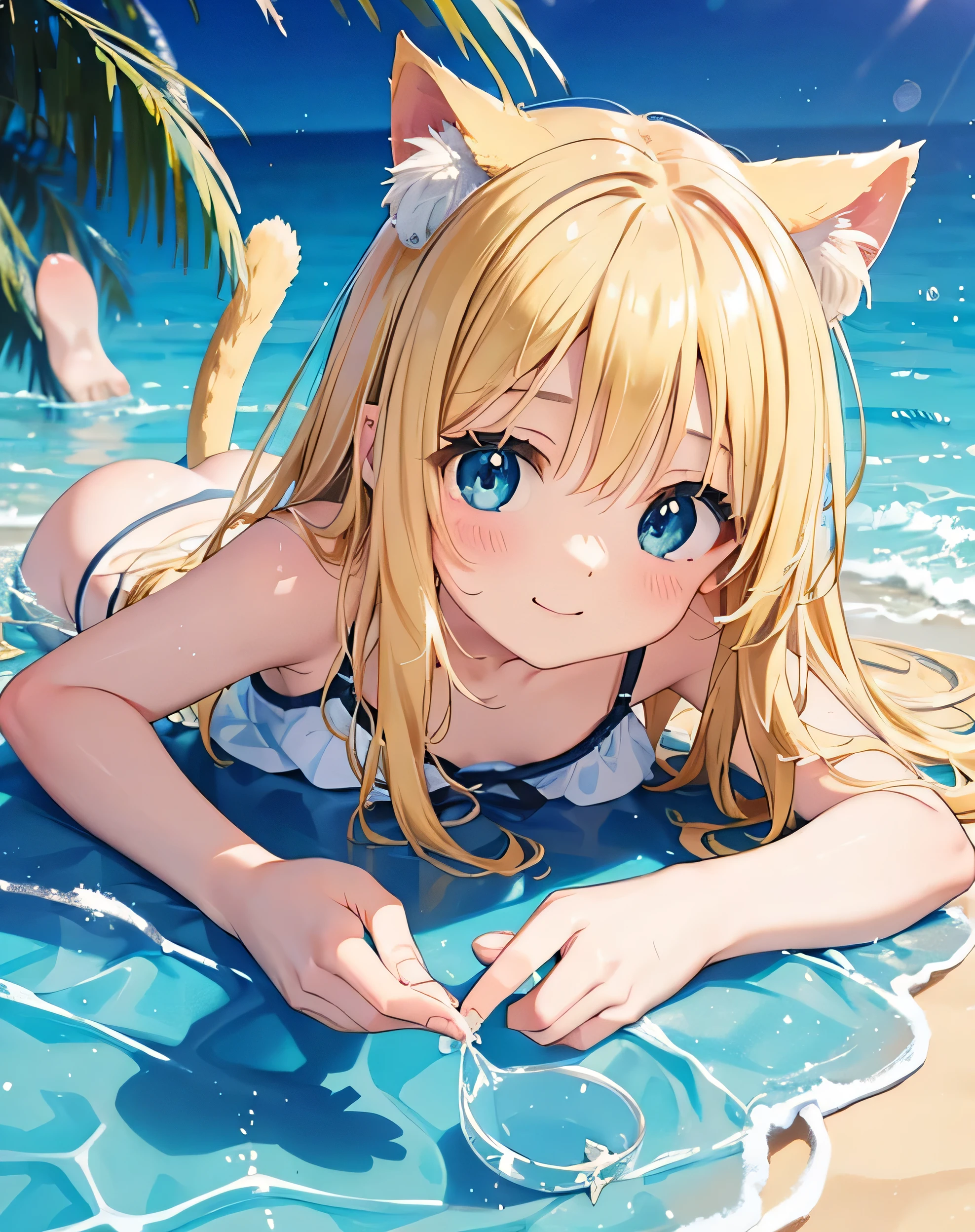 (best quality, masterpiece: 1.2), (alone), animated coloring book, 4K quality, 
subject
(((girl))), blonde hair, cat ears, cat tail, There are no ears, never cut, little smiley happy smile,blue eye reflexes.
Filmed from above, Cool Shot CLOTHES tie loose, bare shoulders, white transparent wet shirt, Yellow bikini visible under shirt, I can see my bare feet, blue ribbon in hair.
애니메이션의 세계에 푹 빠진 girl 고등학교 묘사 노이즈, she blushes.
ACTION She is floating in low water, She is lying on her back in the water.
Water and starfish around her. 
lie down on the water and relax, sexy pose blue eyes.
location beach, sun reflection on water, Fantastic light, beautiful 빛, beautiful, Clean water, dream, heaven