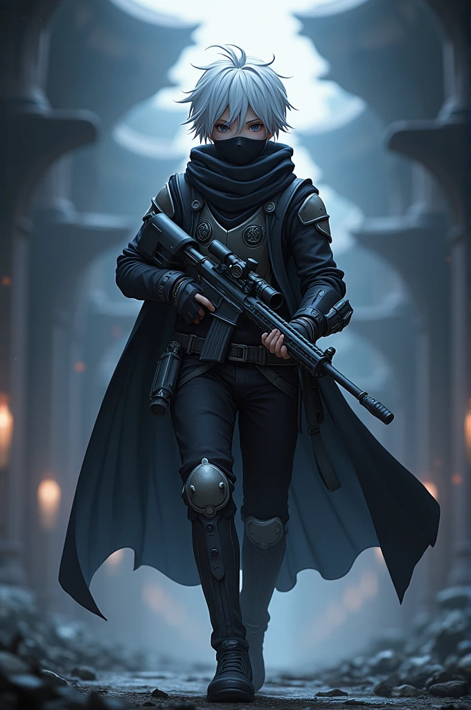 (masterpiece) In the virtual world of Sword Art Online GBO, a dynamic and epic scene unfolds as a boy with artfully styled white hair and a mysterious mask covering his face confidently strides through a dark dungeon. His attire consists of intricately designed armor clothing that accentuates his powerful presence. In his hands, he wields a sleek sniper rifle, ready to take on any challenge that awaits.