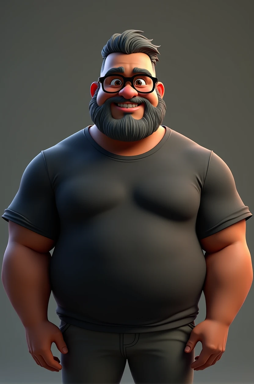 Cartoon character of a middle-aged black man with short hair pinned behind, wearing black glasses. Stylized character, animation style rendering, 3D stylized, Arnold Maya render, 3D stylized render, toon render Keyshot, 3D character, 3D stylized rendering, cartoon character, character close-up, character pose, Pixar style, high quality, cinematic lighting, sharp focus, detailed texture, detailed skin, clay, bokeh, 8K. The man should have the following characteristics: Middle-aged man with a strong, slightly overweight build, hands casually relaxed. His skin tone is dark brown with a warm undertone. He has two prominent vertical wrinkles between his eyebrows. His beard has white hairs on the chin while the rest of the beard is black and gray. His hair is shaved on the sides and short on top, styled to the side. He wears modern black glasses. His eyebrows are thick and well-defined, and his eyes are brown, conveying warmth and friendliness. The man is dressed in an oversized black t-shirt and dark gray pants without a belt. Incorporate the following ancestry characteristics: 43% European (17% Iberian and 17% Western European, including Germany, France, and the Netherlands), 4% Sephardic Jewish, 3% Fennoscandian, less than 2% Balkan and Lapland and Volga-Ural, 41% from the Americas, 9% from the Middle East and Maghreb, and 7% from Africa.