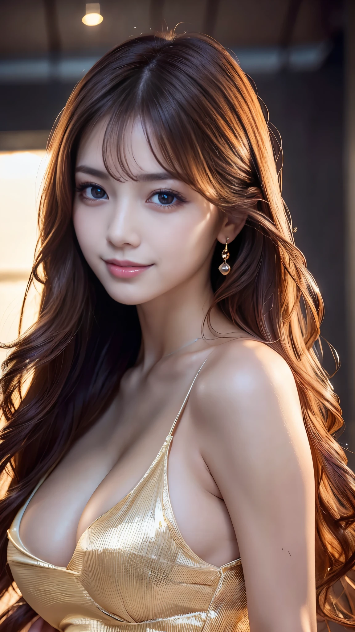 (Detailed skin:1.2),(Shiny skin:1.1),8k,Highest quality, masterpiece, Ultra-high resolution,(Realistic:1.4), RAW Photos,(Soft saturation:1),(Fair skin:1.2),Sexy half-Japanese beauty,23 years old, (Light brown hair),((Long Hair:1.4)), (Beautiful Face:1.4), (Large Breasts, Tight waist,Big firm hips:1.2), ((Beautiful lighting:1.3)), ((A shiny and revealing sexy dress:1.3)),(Highly detailed face, Highly detailed lips, fine grain, double eyelid,Highly detailed and evenly balanced eyes), (Sharp focus:1.2), ((Full Body Shot)),(Perfect Anatomy:1.3),((Random sexy poses:1.2))、Sharp Eyes,((smile:1.2)),(Night room)