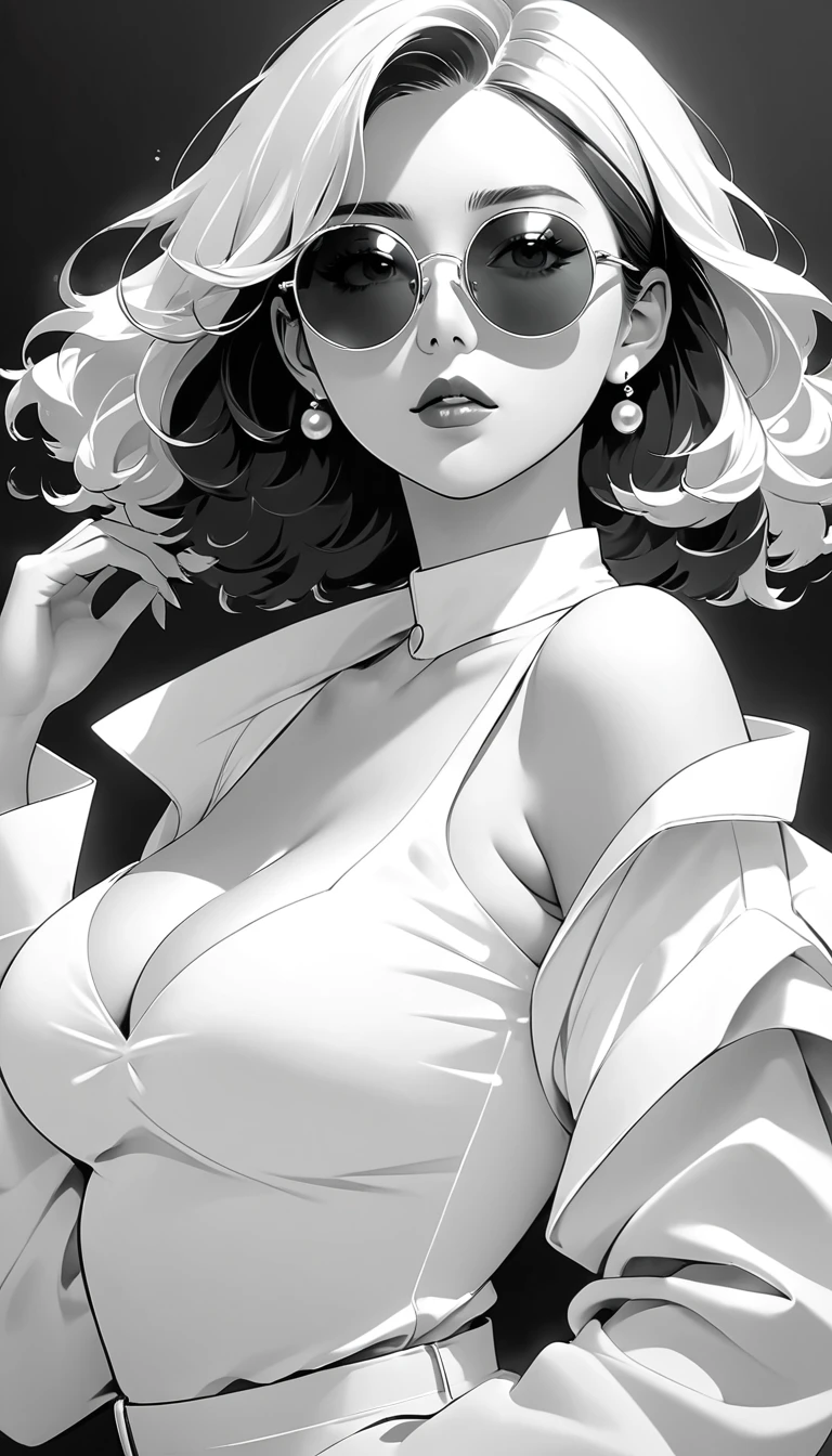masterpiece,best quality,detail,Perfect composition,Excellent quality,HD Wallpapers,A young woman wearing crimson sunglasses,Big and round breasts,illustration,Anime aesthetic style,I can't believe how beautiful it was,Black Pearl and Mint,Monochrome minimalist portrait,Pop artistic sense,whole body,Dynamic,Solitary,Posing with hands on chest,