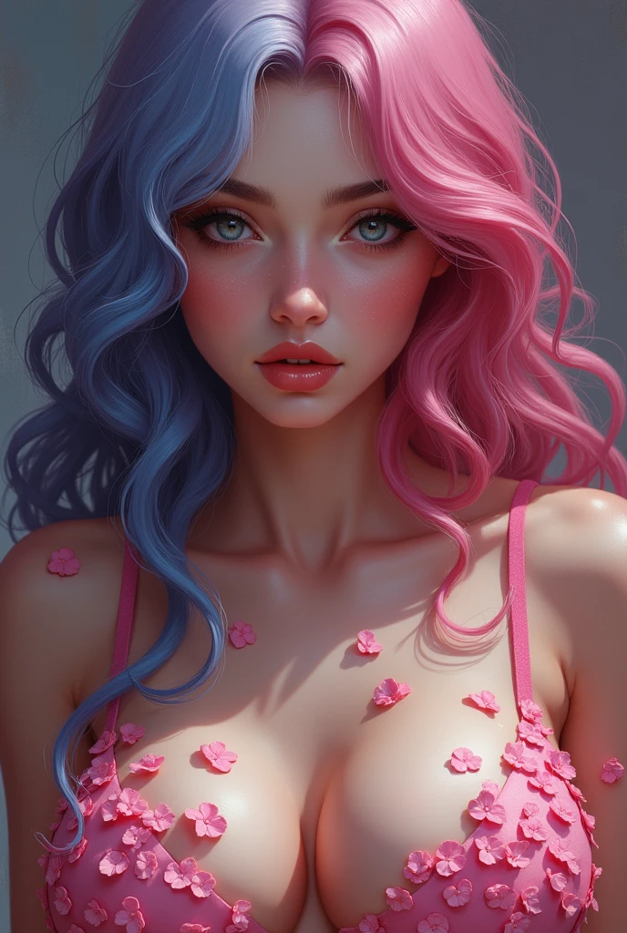 highly detailed, seductive erotic female is sweating,  covered in rose pedals, (busty, pink/blue hair), centered on the face, face focused, intricate eyes,