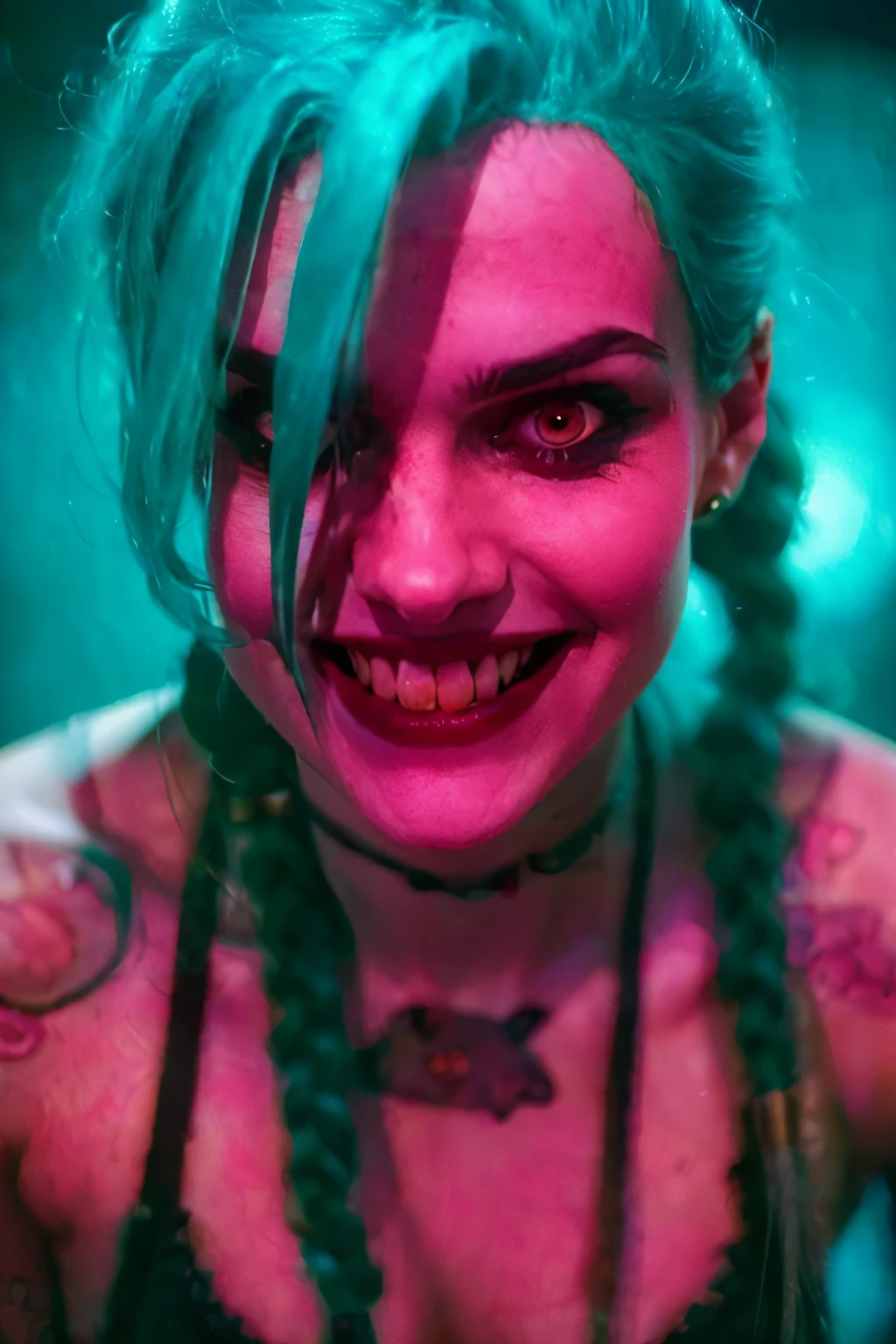 Close-up face. Hyper realistic super detailed Jinx cosplay , ((Young girl, 15 years old)), Very detailed, (hyper realistic: 1.4), in dynamic pose, (((psycho face, creppy smiling))), twin braids, long hair, blue hair, red eyes, tattooed, ((skinny Body)), ((angry face)), arcane style. ((Cinematic Explosion background,  cinematic lighting)).