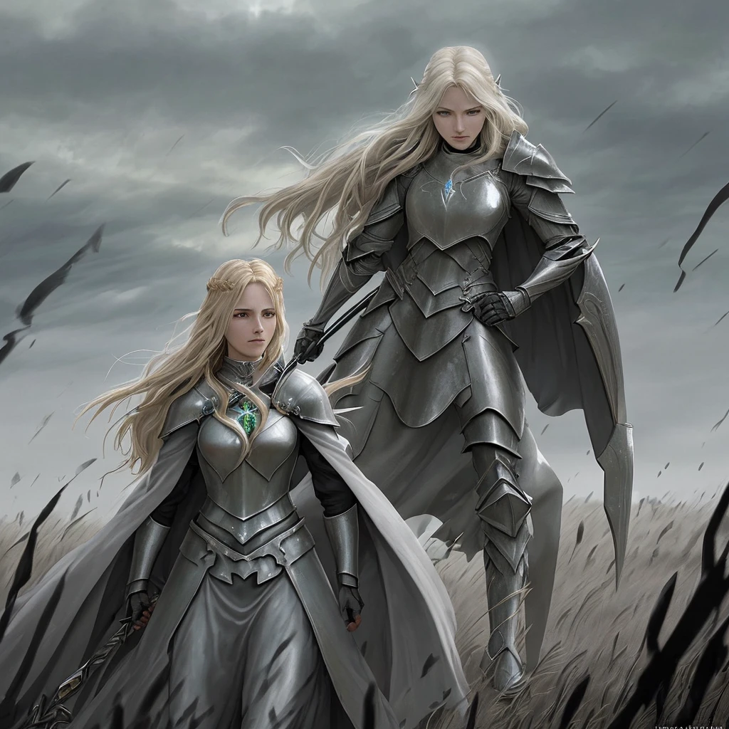 On a windswept battlefield, Éowyn stands with a noble and determined stature. She wears silver mail armor that covers her slender body, her movements fluid and graceful despite the weight of the protection. A long dark cloak floats behind her, clinging to her shoulders, stirred by the wind, adding an aura of mystery to her silhouette.

Her armor is adorned with ancient inscriptions of Rohan, but her piercing green eyes, filled with defiance, are clearly visible, staring intently at the Witch-king of Angmar. a demonic being with a frighteningly shaped helmet. The young woman's golden hair floats around her face, reminiscent of fields of wheat under a stormy sky.

Éowyn holds a slender and deadly sword firmly, raised with determination. At her side, a solid shield, bearing the emblem of Rohan, is ready to ward off any blow. The expression on her face is a mixture of defiance and unwavering resolve, ready to face the enemy before her. The battlefield around her is in disarray, with dark silhouettes and flashes of light, but she remains a luminous and determined figure in this chaos. The sky is threatening with storm but pierced with rays of gold.