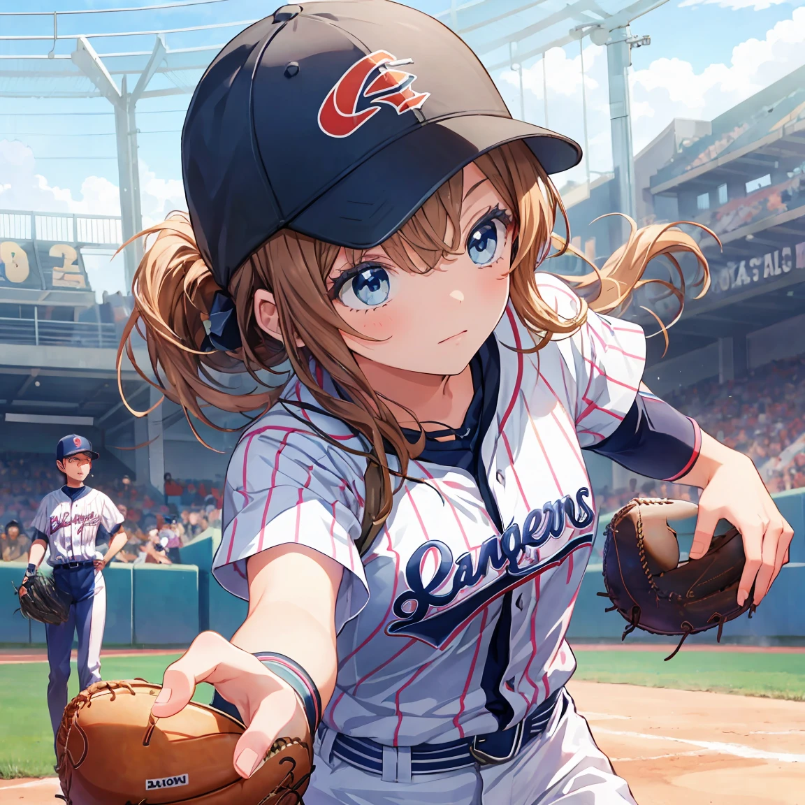 a pose of the image is of a baseball player  pulling her arm back to throw the ball in the baseball games, 1girl, solo, sportswear