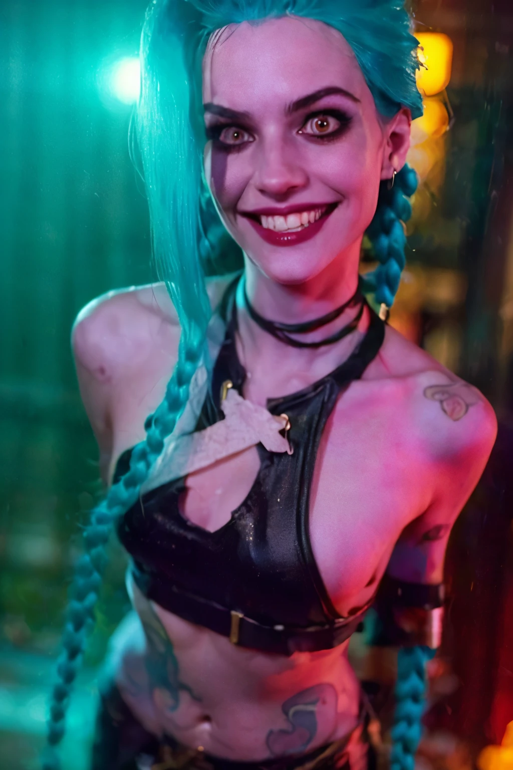 Close-up face. Hyper realistic super detailed Jinx cosplay , ((Young girl, 15 years old)), Very detailed, (hyper realistic: 1.4), in dynamic pose, (((psycho face, creppy smiling))), twin braids, long hair, blue hair, red eyes, tattooed, ((skinny Body)), ((angry face)), arcane style. ((Cinematic Explosion background,  cinematic lighting)).