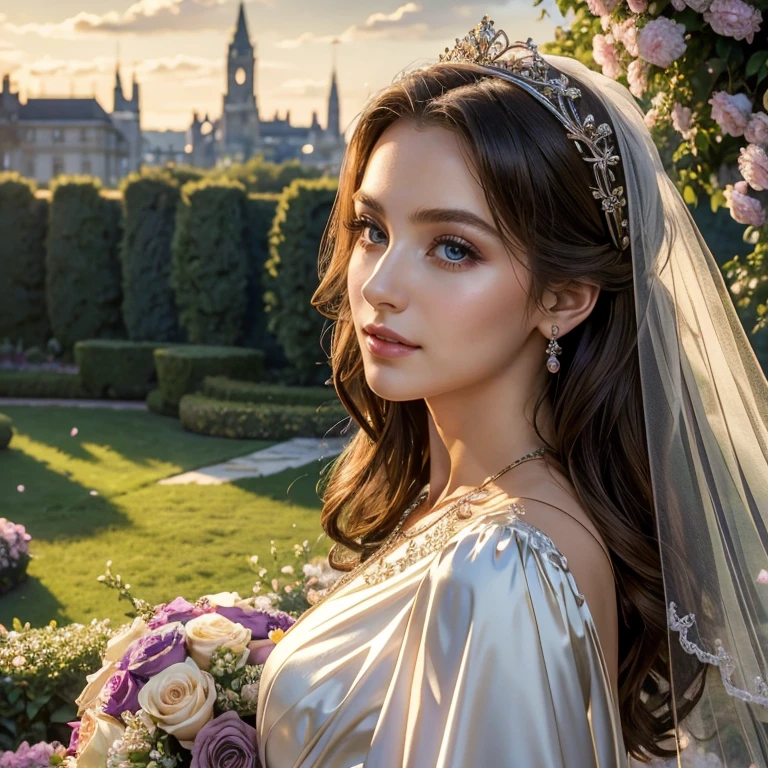 (masterpiece, best quality:1.5), highest quality, High resolution, super detailed, Realists, Upper body photo of a woman, detailed and beautiful eyes, beautiful detailed lips, very detailed eyes and face, longeyelashes, Mother of the bride in a dress made of shiny satin fabric, Beautiful and colorful makeup, elegant and noble々Pose,shiny satin headband, grind, Holding flowers, Gardens as background, soft daylight, bright colors, fine brushstrokes, Portrait style, Noble details in the dress fabric, beautiful color palette, glowing skin, First-class rendering, that captures every detail, enchanting atmosphere, subtle shadows and lights, (perfect anatomy:1.2), (The stunning wedding with many guests in the background (magnificent panorama view:1.2)