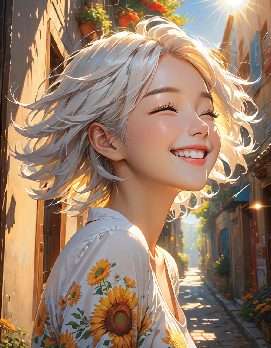 (Masterpiece, best quality), (real pictures, intricate details), (afternoon, sun, sunny) Alley mouth, embrace the sun, the sun hits the body, the eyes are slightly closed. (1 girl, messy short white hair, embracing the sun, smiling raised chin, side face) spread her arms,