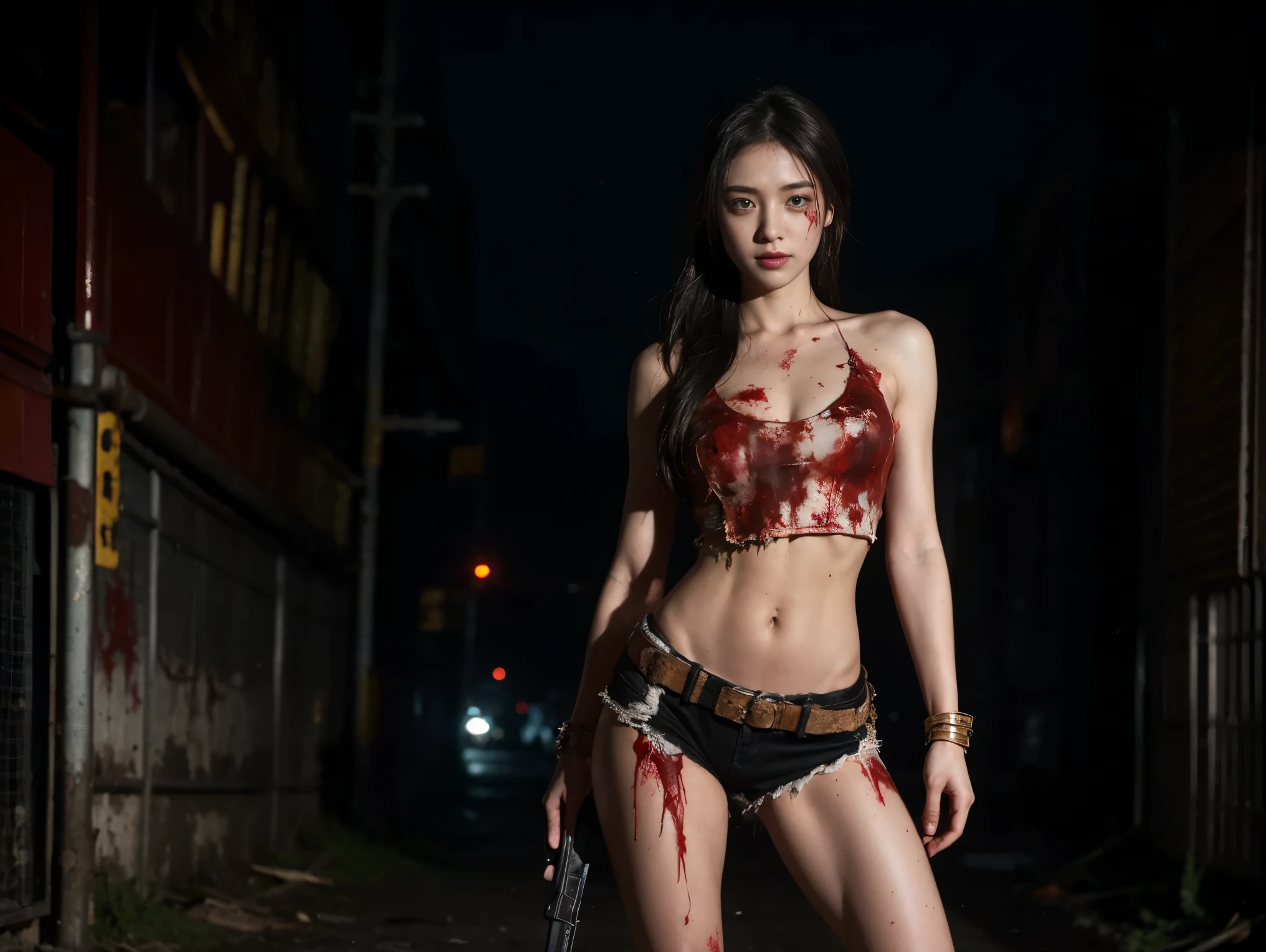 A stunning beauty stands victorious amidst a horde of undead, girl with gun,killing zombies,her bare midriff exposed as she gazes down at the gory aftermath. Her ripped shirt hangs open, revealing a tantalizing glimpse of toned skin, while the severed zombie heads and scattered limbs around her feet attest to her brutal hand-to-hand combat skills. The desolate, blood-soaked alleyway provides a haunting backdrop for this petite powerhouse,cinematic lighting, masterpiece, accurate, anatomically correct, textured skin, best quality, award winning, 4K, super detail,cowboy_shot,light_smile