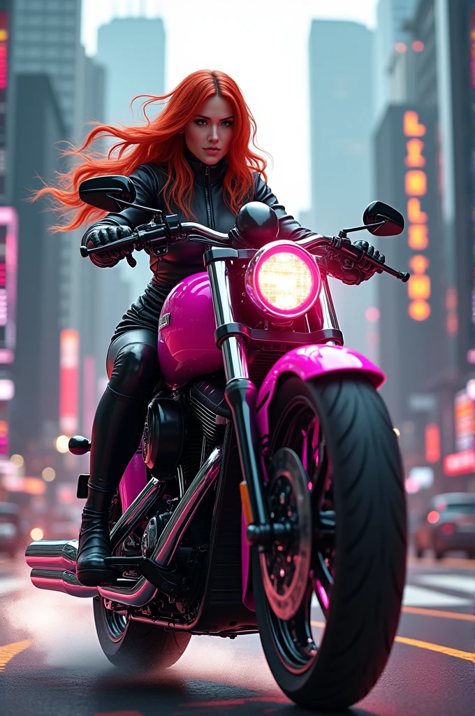 A realistic, modern scene of a female rider with flowing red hair in a black leather suit, riding a pink Harley